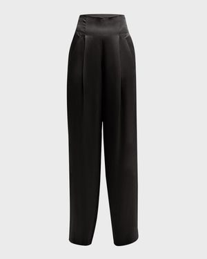 LAPOINTE High-Rise Satin Pleated Relaxed-Leg Pants - Black