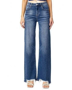 Risen Frayed Hem Wide Leg Jeans - Blue