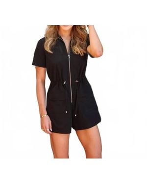 Karlie Solid Pocket Clinch Waist Romper - Black