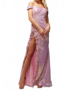 Vienna Prom High Slit Feathers Off-The-Shoulder Long Party Dress - Purple