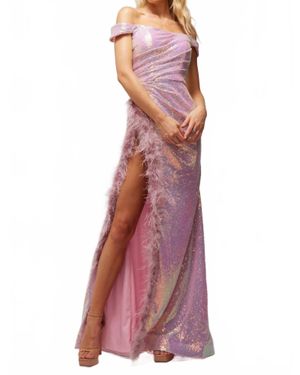 Vienna Prom High Slit Feathers Off-The-Shoulder Long Party Dress - Purple