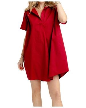Karlie Solid Poplin V-Neck Signature Collar Dress - Red
