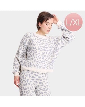 TRUEDAMES Leopard Patterned Soft Loungewear Sweater Top - White