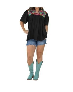 Layerz Clothing Embroidered V-Neck Top - Black