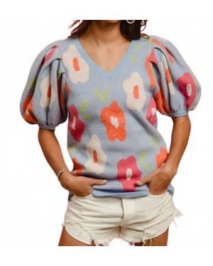 Bibi Floral Pattern Puff Sleeves V-Neck Top - Gray