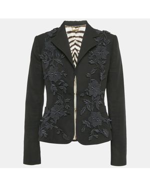 Roberto Cavalli Floral Applique Linen Blend Blazer - Black