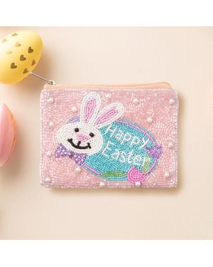 Fashnzfab Happy Easter Message Easter Bunny Seed Beaded Mini Pouch Bag - Pink