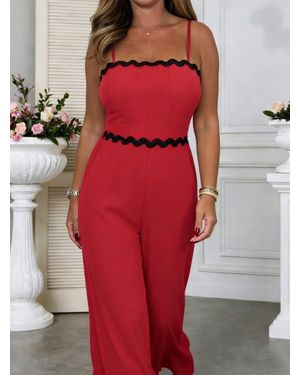 TRUEDAMES High-Waist Wave Hem Spaghetti Strap Jumpsuit - Red