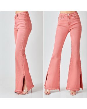 Risen Side Slit Flare Jeans - Pink