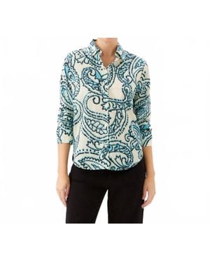 Karen Kane Ruched Sleeve Button-Up Shirt - Blue