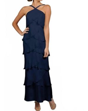 Alexander by Daymor Tiered Chiffon Beaded Halter Neck Gown - Blue