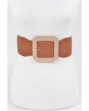 Fashnzfab Big Rhinestone Buckle Embossed Elastic Belt - White