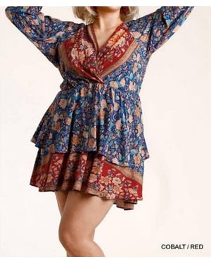 Umgee Floral Border Print Layered Dress - Blue