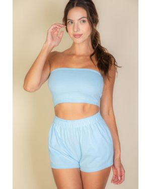 TRUEDAMES Simple Solid Color Tube Top And Shorts Two Piece Set - Blue