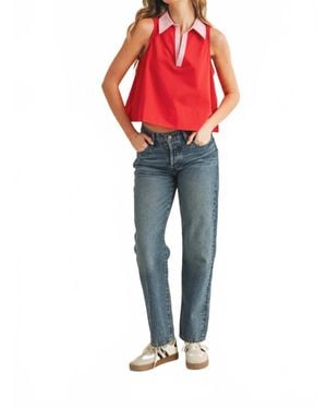 TCEC Relaxed Cotton Poplin Collar Top - Red