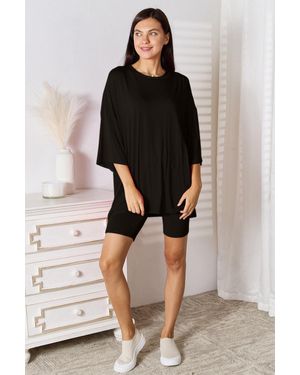 TRUEDAMES Full Size Soft Rayon Three-Quarter Sleeve Top And Shorts Set - Black