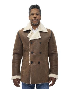 Infinity Leather Double Breasted Shearling Sheepskin Pea Coat-Valencia - Brown