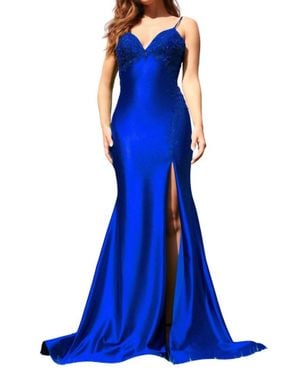 Faviana Satin Beaded Long Gown - Blue