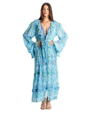 La Moda Clothing Juno Ruffles Long Sleeve Maxi Dress - Blue