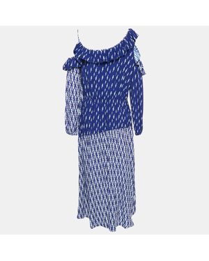 Sandro Lighting Print Crepe Ruffled Cold Shoulder Midi Dress - Blue