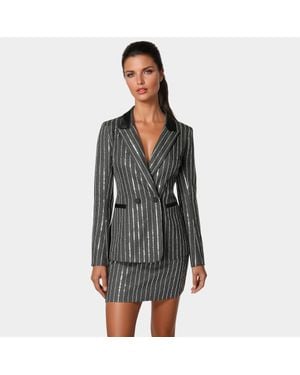 Bebe Stripe Sequins Double Breasted Blazer - Gray