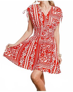 Umgee Print Smocked Waist Mini Dress - Red