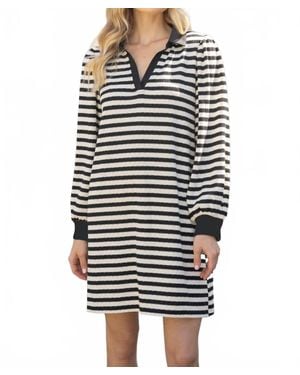 Voya Kristy Collared Long Sleeve Striped Knit Dress - Blue