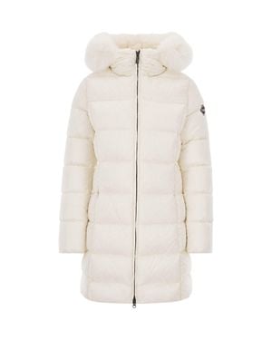 Colmar Long Puffer Coat With Faux Fur Hood - White