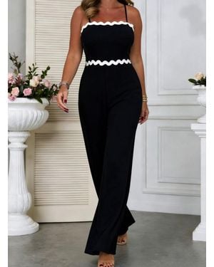 TRUEDAMES High-Waist Wave Hem Spaghetti Strap Jumpsuit - Black
