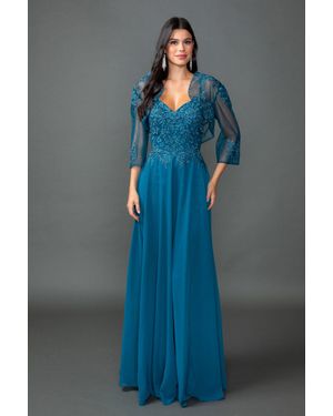 DQ Sweetheart Chiffon Prom Dress With Embroidered Bodice, Sheer Three-Quarter Sleeves, And Matching Bolero Jacket - Blue