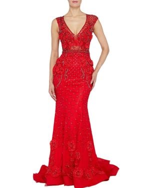 Terani 3D Floral Applique Beaded Evening Dress - Red
