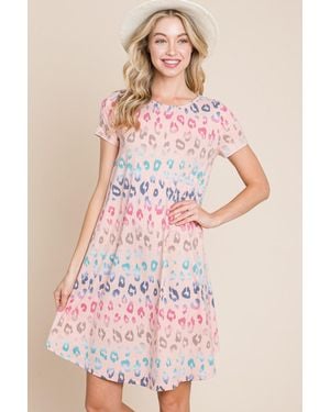 TRUEDAMES Leopard Round Neck Short Sleeve Dress - Pink