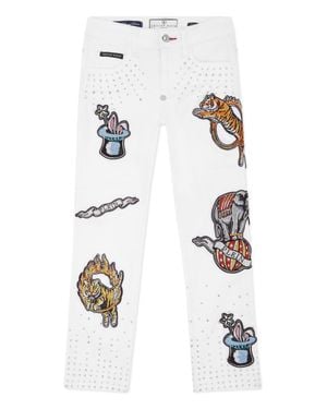 Philipp Plein Denim Pants Loose Fit Colorful Circus - White
