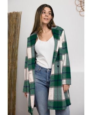 TRUEDAMES Double Take Full Size Plaid Button Up Lapel Collar Coat - Green
