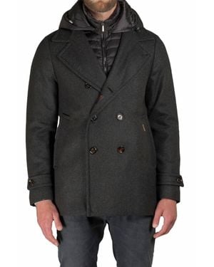 Moorer Detachable Hood Pea Coat - Black