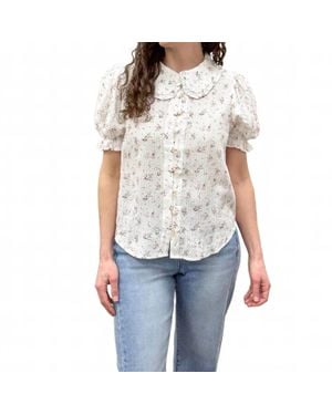 Doe And Rae Floral Button Up Peter Pan Collared Blouse - Blue