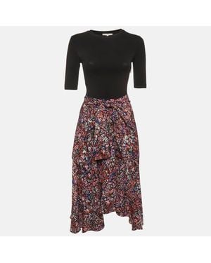 Maje Floral Print Jersey And Crepe Flared Midi Dress - Black