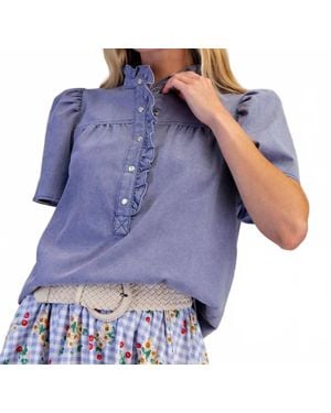 Easel Snap Front Ruffle Neck Top - Blue