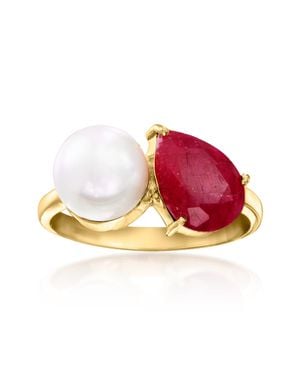 Ross-Simons 7.5-8Mm Cultured Pearl And Ruby Toi Et Moi Ring