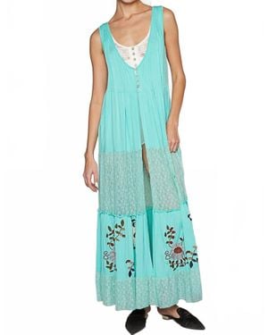 Pol Embroidered Lace Button Long Vest - Green