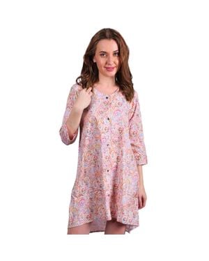 TRUEDAMES Round Neck Button Down Casual Dress With 3/4 Sleeves - Pink