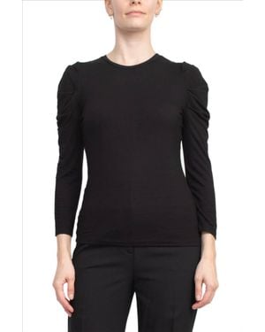 Catherine Malandrino Crewneck Long Sleeve Ruched Shoulder Solid Knit Top - Black