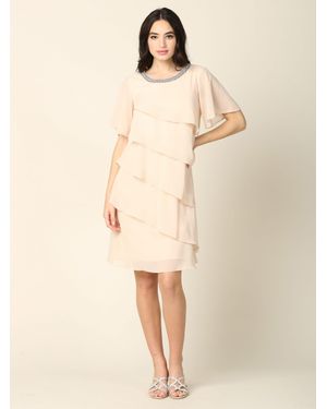 TRUEDAMES Layered Chiffon Cocktail Dress With Flutter Sleeves & Beaded Neckline - Natural