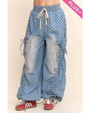 Davi & Dani Checkerboard Ribbon-Ruched Parachute Pants - Blue