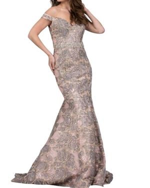 Jovani Embellished Belt Off The Shoulder Mermaid Gown - Natural
