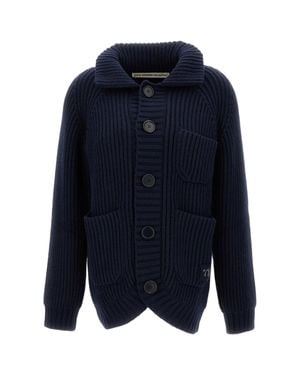 Meta Campania High Collar Ribbed Knit Jacket With Button Closure - Blue