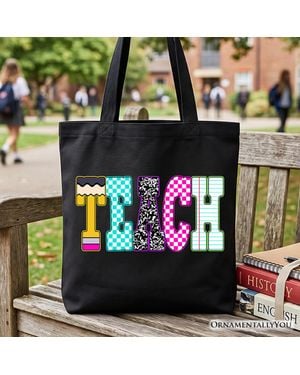 OrnamentallyYou Neon Teacher Checkered Retro Tote Bag Back To School Gift - Black