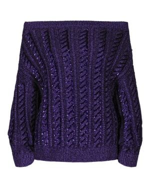 Valentino Off-The-Shoulder Metallic Cable Knit Sweater - Blue