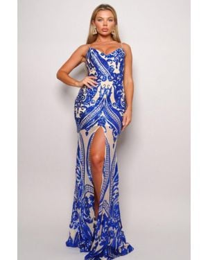 TRUEDAMES Spaghetti Strap Art Deco Sequins Maxi Dress - Blue