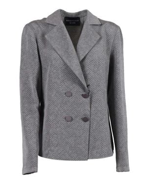 Emporio Armani Double-Breasted Herringbone Blazer With Tailored Fit - Gray
